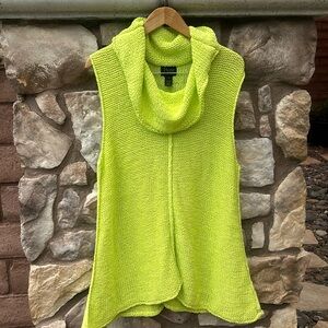 Pure Hand Knit Sleeveless Long Sweater Tunic Yellow Size L/XL Cowl Neck